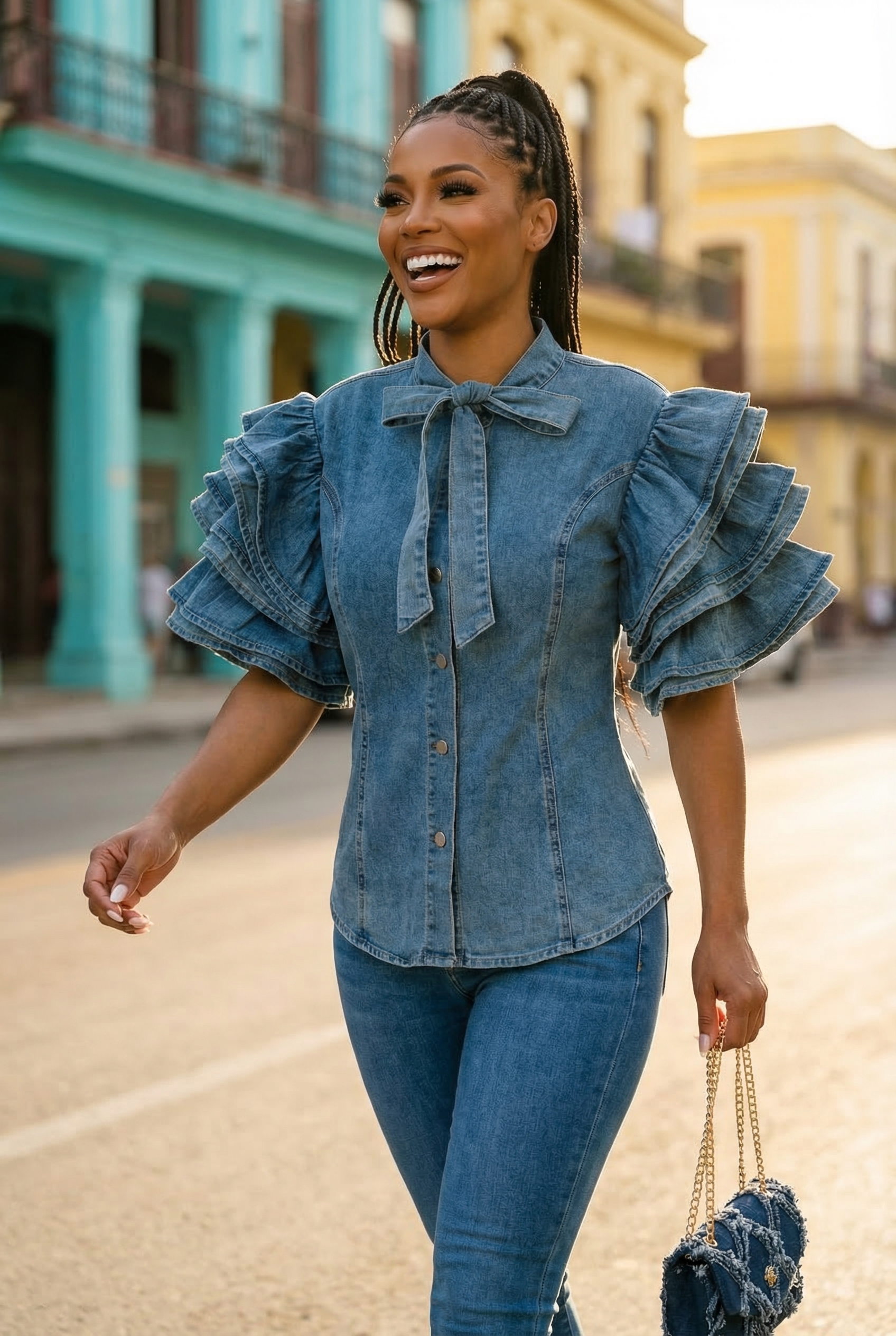 Denim Bowtie Blouse — 3